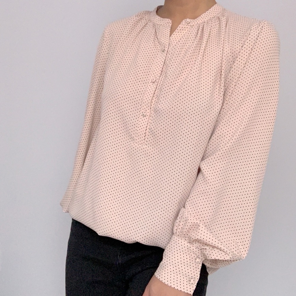 Polka Dot Cuff Long Sleeves Button Crepe Blouse Shirt Top in Light Pink (US 8)